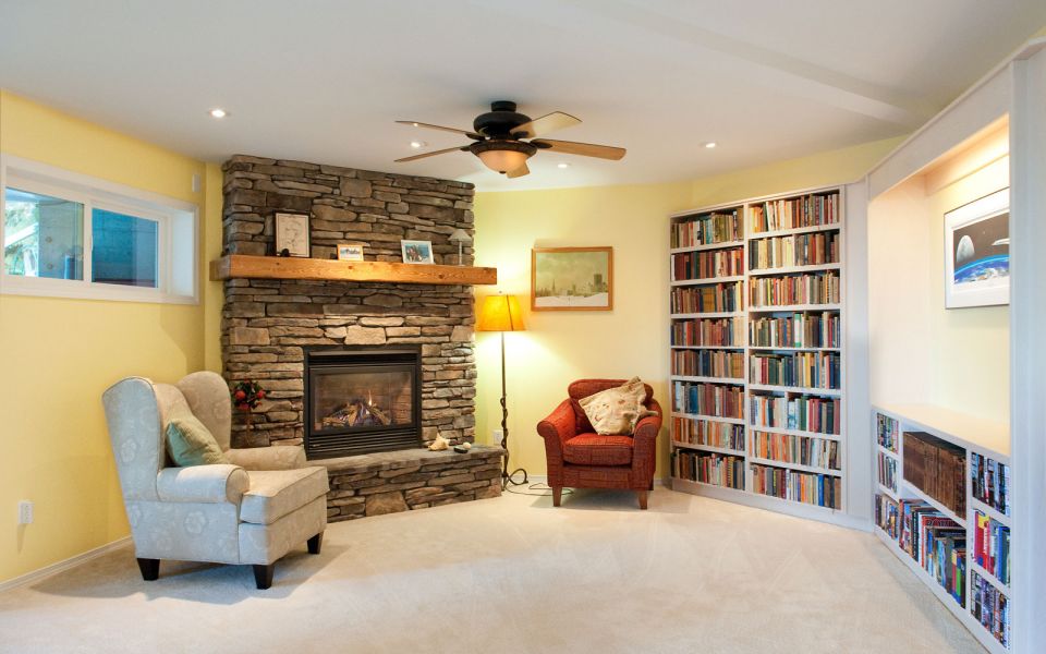 warm study with fireplace
